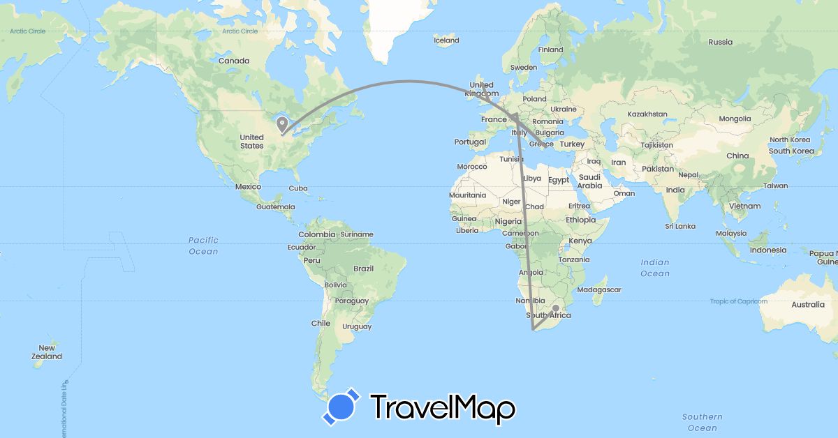 TravelMap itinerary: plane in Switzerland, Germany, United Kingdom, Greece, United States, South Africa (Africa, Europe, North America)